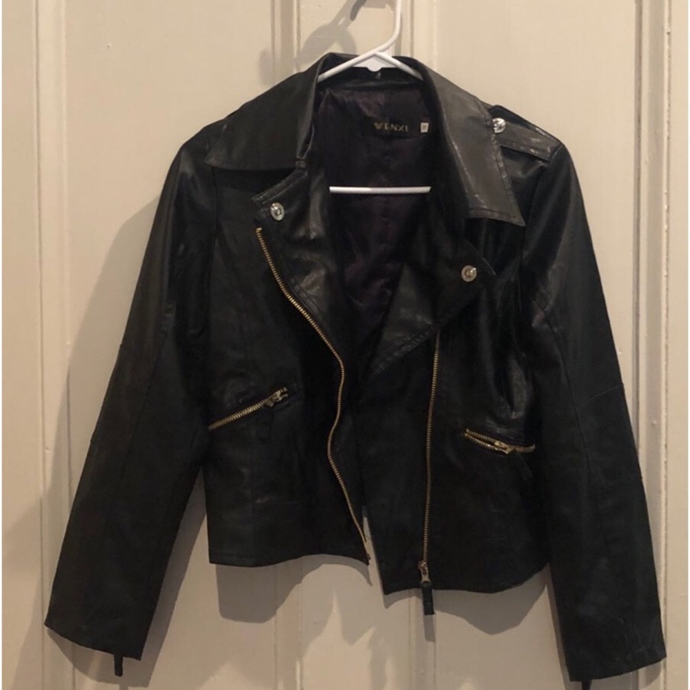 WENXI Black Leather Jacket Size Small